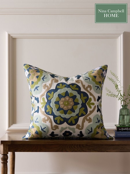 Nina Campbell Green Fergana Floral Embroidered Feather Filled Cushion (Q73104) | €53