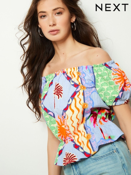 Bright Tropical Print 100% Cotton Bardot Puff Sleeve Blouse (Q73156) | €7