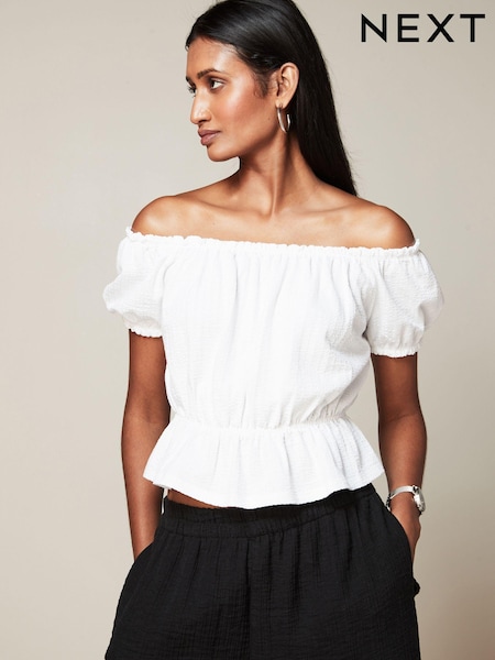 White 100% Cotton Bardot Puff Sleeve Blouse (Q73178) | €6