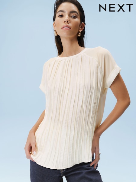 Ecru Plissé Woven Mix Short Sleeve Top (Q73180) | €9