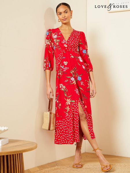 Love & Roses Red Patched Floral V Neck Twist Front Long Sleeve Midi Dress (Q73236) | € 22