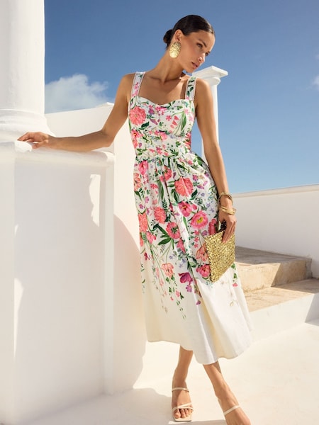 Alb Floral fildeș - V&A | Rochie midi cu imprimeu cu amestec de in Love & Roses (Q73237) | 250 LEI