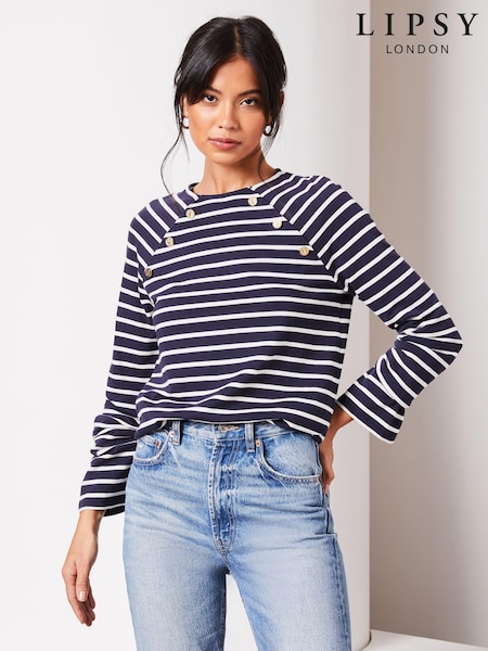 Lipsy Navy/White Round Neck Long Sleeve Button Top (Q73239) | €12