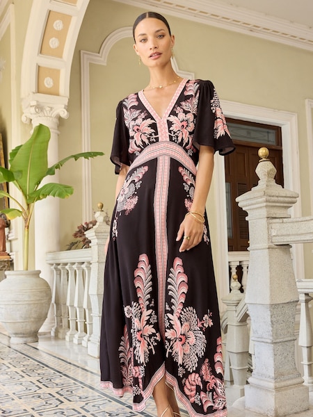 V&A | Love & Roses Pink and Black Printed V Neck Hanky Hem Midi Dress (Q73243) | €40