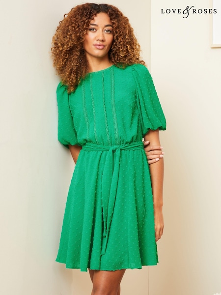 Love & Roses Dobby Puff Sleeve Belted Mini Dress (Q73244) | 178 LEI