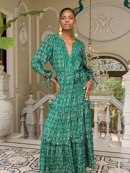 V&A | Love & Roses Printed V Neck Metallic Tie Cuff Midi Dress (Q73255) | 272 LEI