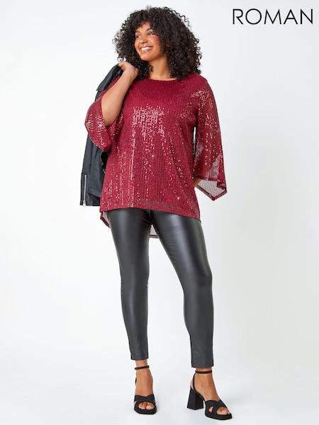 Roman Red Curve Sheer Sleeve Sequin Top (Q73429) | €21.50