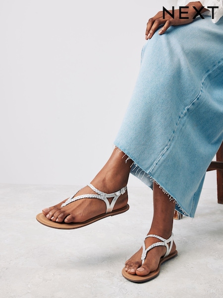 Silver Standard/Wide Fit Forever Comfort® Leather Plait Toe Post Flat Sandals (Q73475) | $33