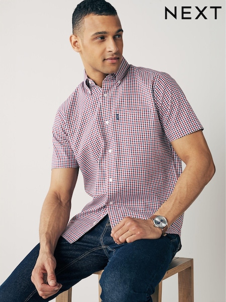 Red Gingham Check Easy Iron Button Down Short Sleeve Oxford Shirt (Q73486) | €28