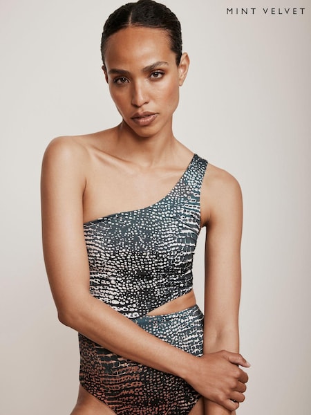Mint Velvet Charcoal Snake Tummy Control One Shoulder Cutout Swimsuit (Q73573) | €34.50 - €46.50