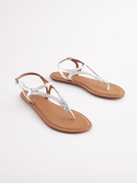 Silver Extra Wide Fit Forever Comfort® Leather Plait Toe Post Flat Sandals (Q73659) | AED42