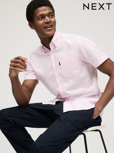 ורוד בהיר - גזרה צרה - Short Sleeve Easy Iron Button Down Oxford Shirt (Q73745) | ‏76‏₪