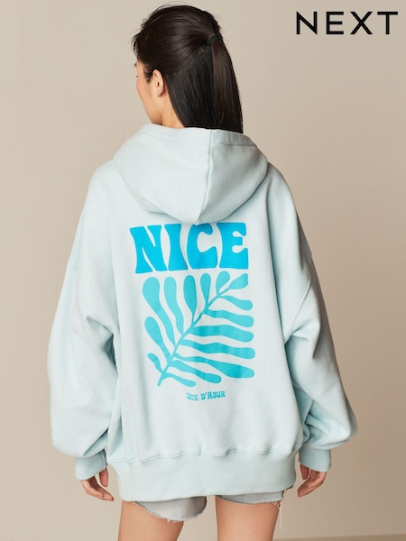 Aqua Blue Oversized Relaxed Fit Back Graphic Slogan Longline Hoodie (Q73774) | €17.50