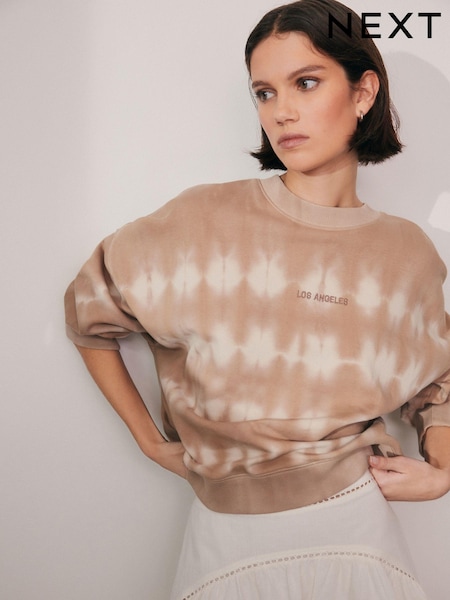Neutral Relaxed Fit Tie Dye Embroidered LA Graphic Slogan Sweatshirt (Q73814) | €18