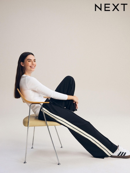 Black Slinky Wide Leg Corduroy Side Stripe Track Trousers (Q73818) | 1,307 UAH