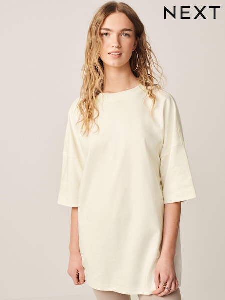 أبيض بيج فاتح - 100% Cotton Relaxed Fit Heavyweight Longline Crew Neck T-Shirt (Q73842) | ‏30 د.إ.‏