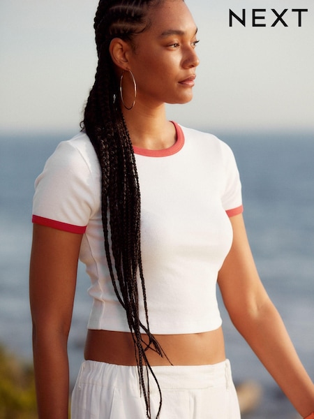 Red/White Slim Fit Ribbed Short Sleeve Crew Neck T-Shirt (Q73849) | €4