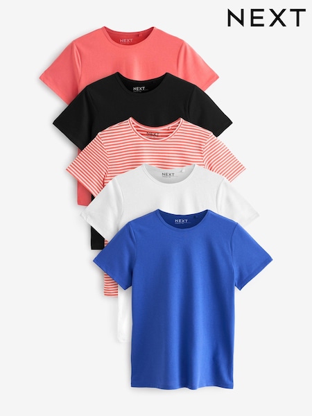 Black/White/Coral/Stripe/Cobalt Crew Neck Cotton Rich T-Shirt 5 Pack (Q73854) | AED54