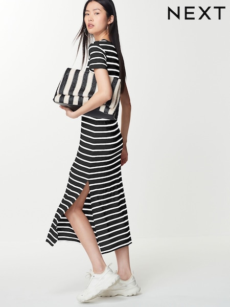 Musta/Valkoinen - Ribbed T-shirt Style Column Maxi Dress With Slit Detail (Q73858) | €24