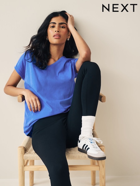 Blue Cobalt Shallow V-Neck 100% Cotton Rich Cap Sleeve T-Shirt (Q73867) | €7