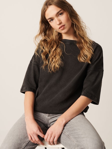 אפור פחם - 100% Cotton Relaxed Fit Heavyweight Longline Crew Neck T-shirt (Q73879) | ‏47‏₪