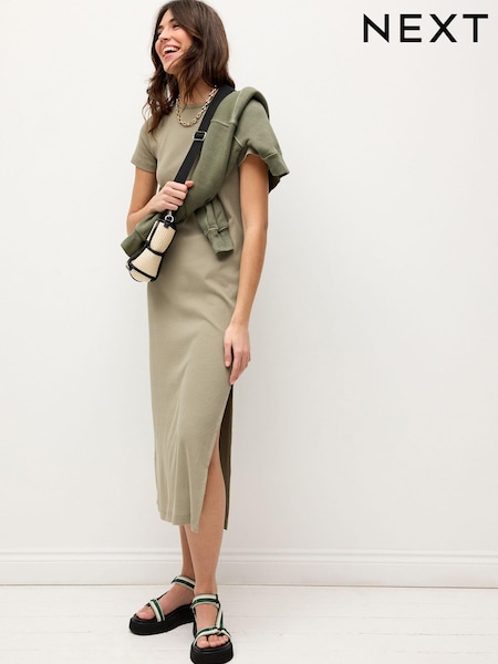 Green Ribbed T-Shirt Style Column Maxi Dress With Slit Detail (Q73884) | €6
