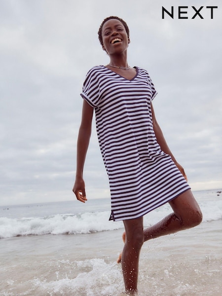 Marine/Blanc - Robe tunique décontractée à col en V à col en V 100% coton (Q73888) | € 2