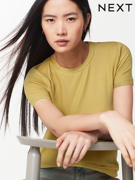 Celery Green Soft Touch Ribbed Short Sleeve T-Shirt with TENCEL™ Lyocell (Q73896) | 47 QAR
