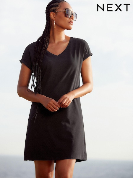 Noir - Robe tunique décontractée à col en V à col en V 100% coton (Q73899) | € 3