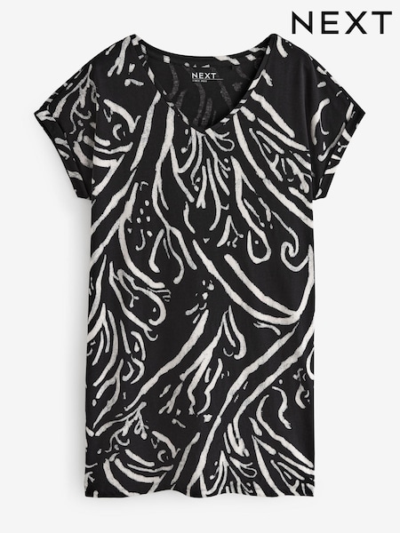 Black/White 100% Cotton Relaxed V-Neck Capped Sleeve Tunic Dress (Q73900) | €5