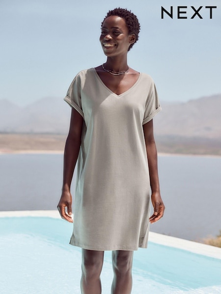 Olive Green 100% Cotton Relaxed V-Neck Capped Sleeve Tunic Dress (Q73904) | €6.50