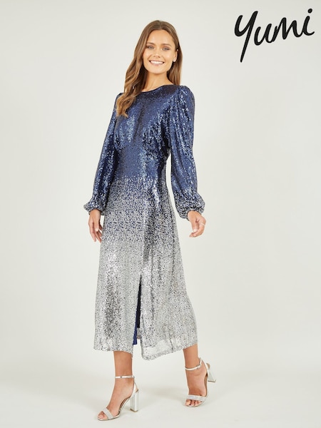 Yumi Blue Sequin Ombre Long Sleeve Midi Dress (Q73945) | €114