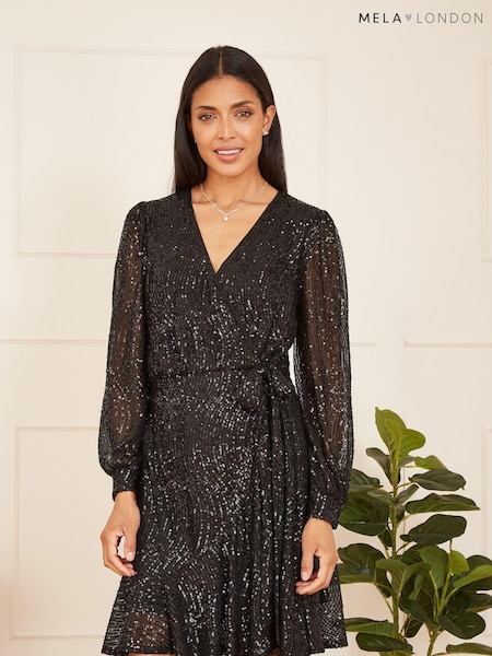 Mela Black Sequin Long Sleeve Frill Wrap Dress (Q73951) | €34
