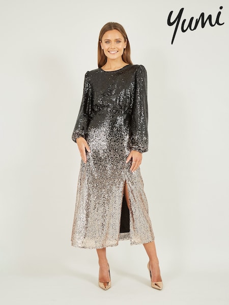 Yumi Black Sequin Ombre Long Sleeve Midi Dress (Q73959) | €114