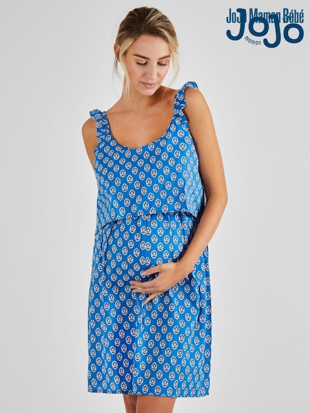 JoJo Maman Bébé Blue Batik Flutter Sleeve Maternity & Nursing Nightdress (Q74179) | €60