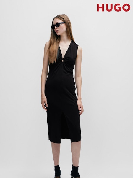 HUGO Sleeveless Black Midi Dress With Cut-Outs and Ring Detail (Q74181) | €77