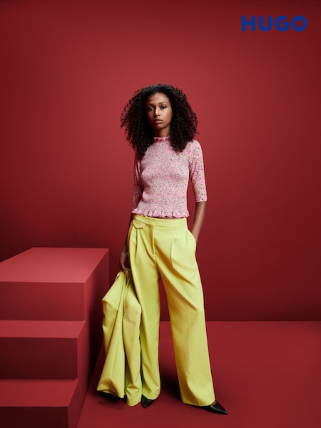 HUGO Pink Ruffle Trim Stretch Fabric Mock Neck Blouse (Q74206) | €91