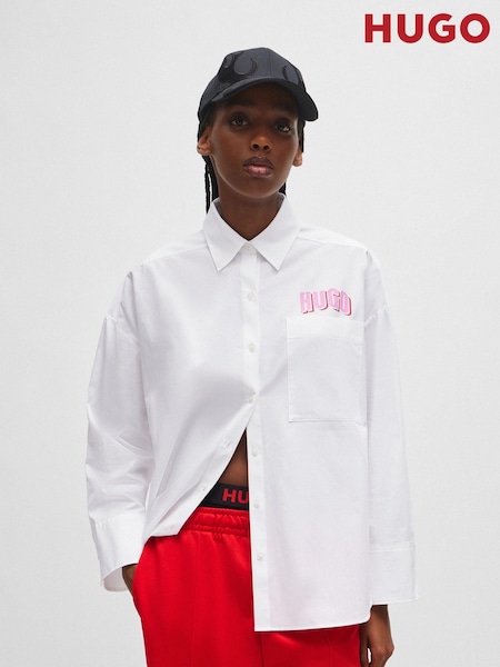 HUGO Oversized Fit White Blouse In Cotton Canvas With Seasonal Logo (Q74207) | €72
