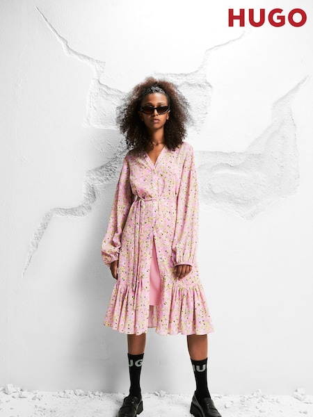 HUGO Pink Floral Print Belted Midi Dress (Q74236) | €77