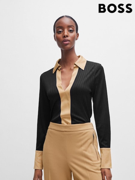 BOSS Black Ribbed Long-sleeved Blouse With Johnny Collar (Q74284) | €108