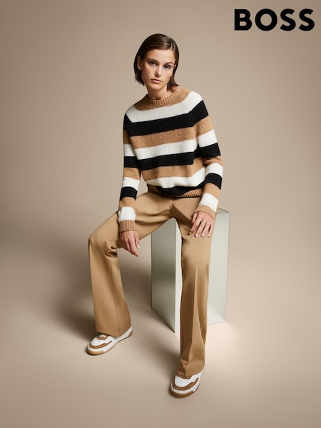 BOSS Tan Brown/Black Block Stripe Slim Fit Knitted Jumper (Q74291) | AED1,101