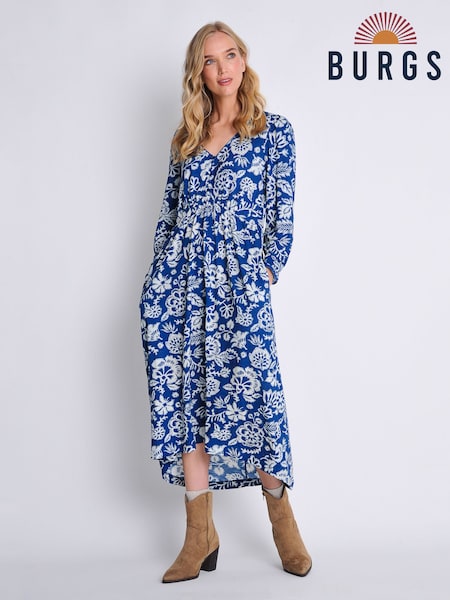 Burgs Womens Blue Whimble Midi Dress with Scallop Trim (Q74410) | €20