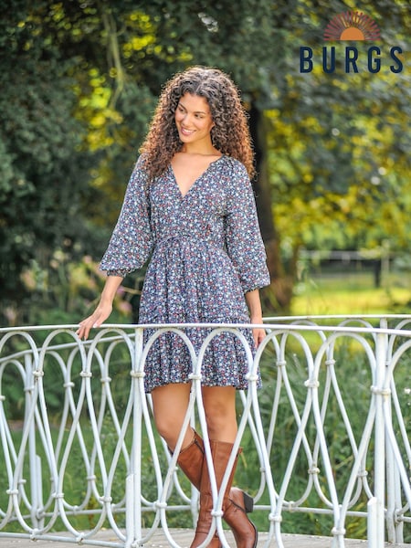 Burgs Womens Blue Carleen Textured Cotton Wrap Dress (Q74425) | €20