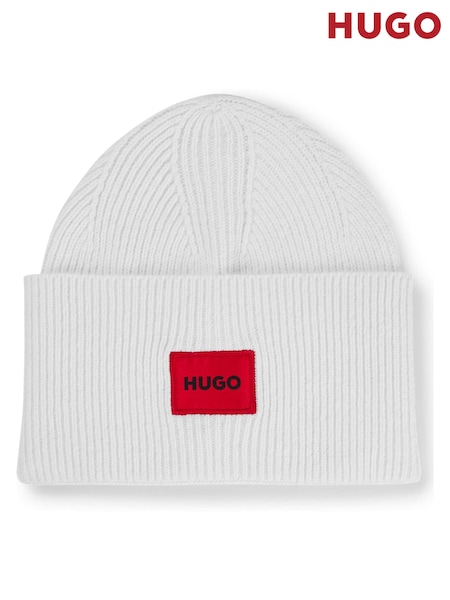 HUGO White Logo Label Beanie Hat in a Ribbed Wool Blend (Q74583) | €35