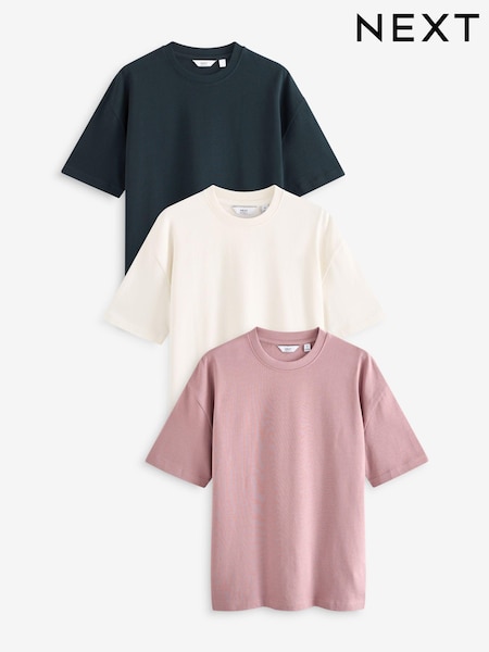 Navy Blue/Pink/Ecru Relaxed Fit Heavyweight T-Shirts 3 Pack (Q74596) | €33