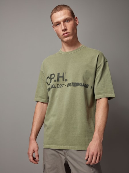 Khaki Green Single Relaxed Fit 100% Cotton Graphic Heavyweight T-Shirt (Q74608) | €11