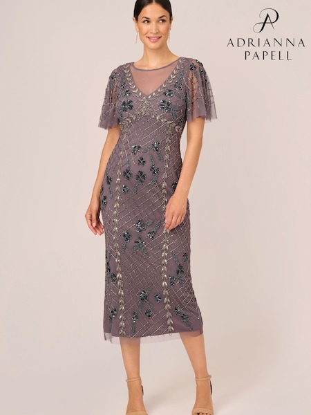 Adrianna Papell Purple Flutter Beaded Ankle Dress (Q74619) | €99