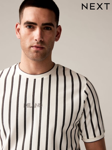 Ecru/Grey Textured 100% Cotton Vertical Stripe T-Shirt (Q74632) | €10
