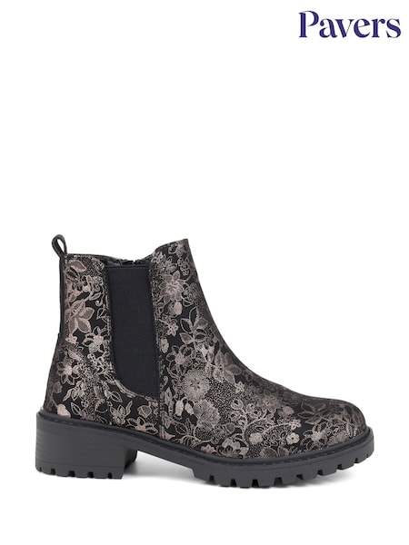 Pavers Black Floral Floral Slip-On Ankle Boots with Chunky Sole (Q74677) | €71
