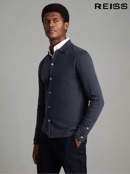 Reiss Blue Smoke Forbes Merino Wool Button-Through Cardigan (Q74737) | €171
